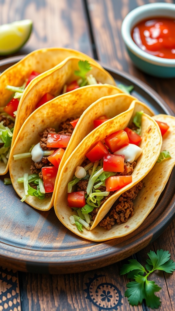 Crispy air fryer ground beef tacos filled with beef, lettuce, tomatoes, and cheese on a wooden table.